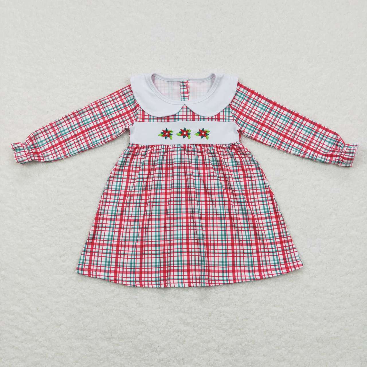 GLD0470 Red Green Plaid Print Knee Length Christmas Embroidery Dress