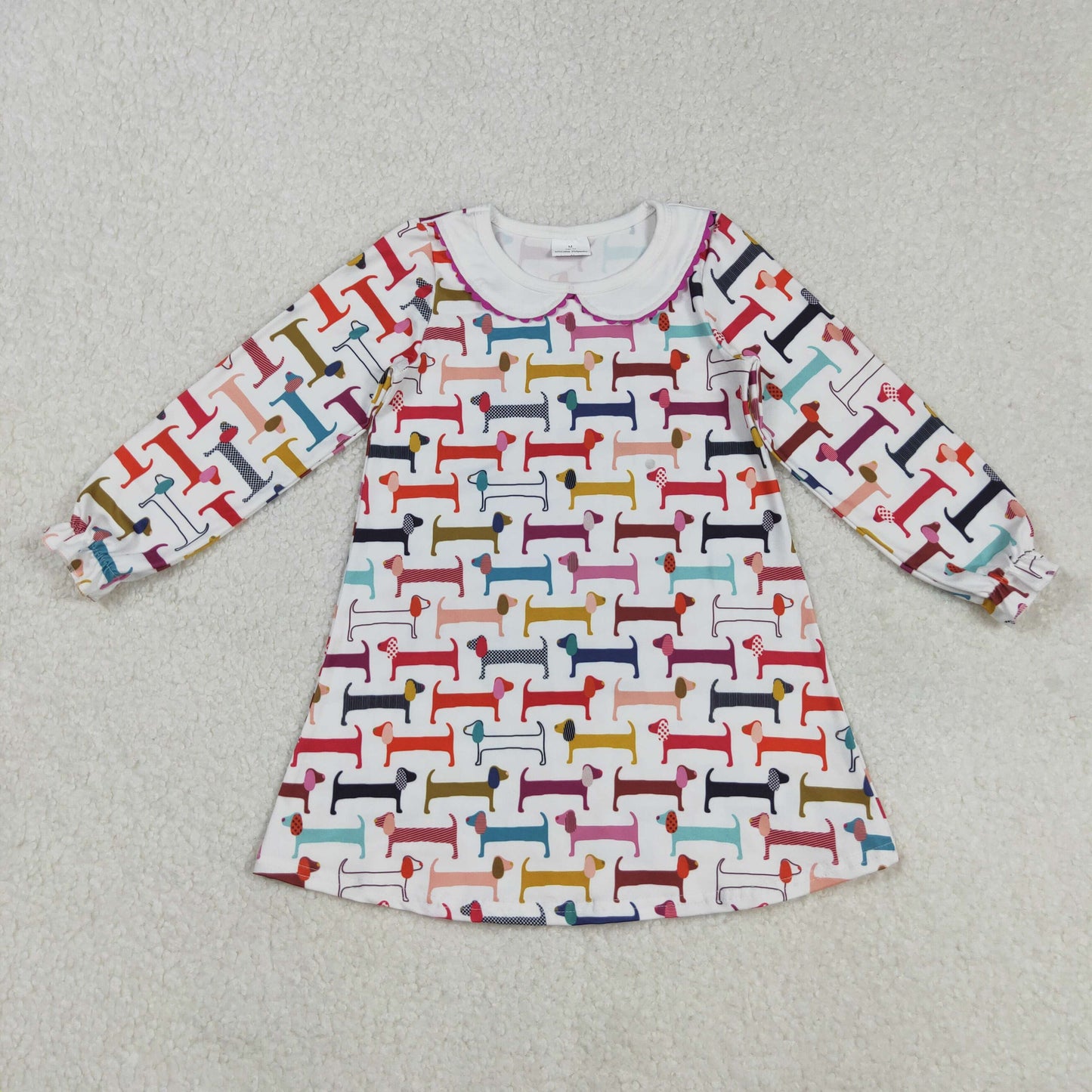 GLD0471 Colorful Dog Print Girls Long Sleeve Knee Length Dress