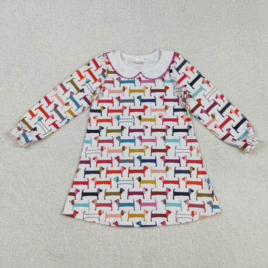 GLD0471 Colorful Dog Print Girls Long Sleeve Knee Length Dress