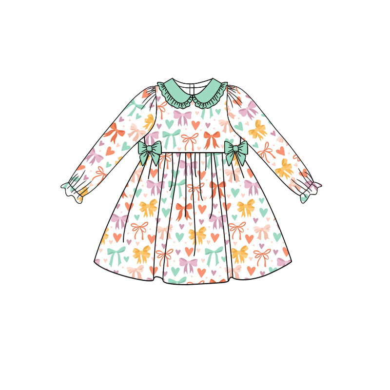 (Pre-order)GLD0483 Colorful Bow Heart Print Girls Knee Length Valentine's Dress