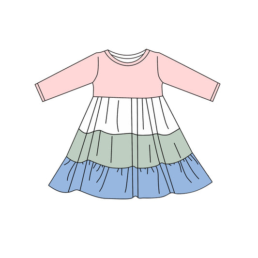 (Pre-order)GLD0484 Pink Cotton Ruffles Girls Knee Length Dress