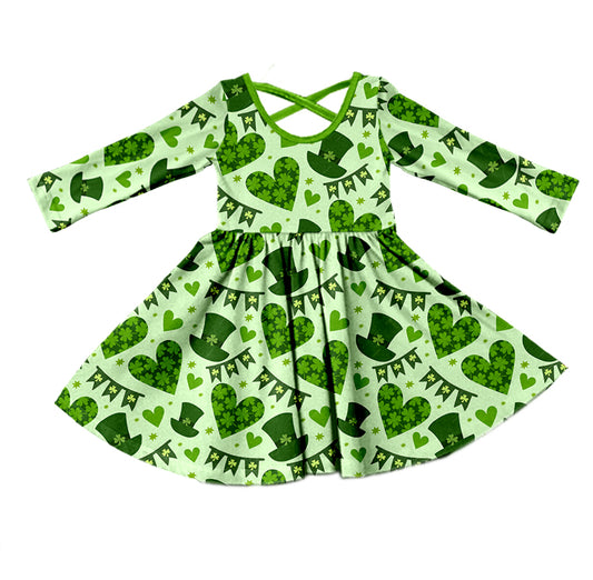 (Pre-order)GLD0499 Green Quatrefoil Heart Hat Print Girls St. Patrick's Dress
