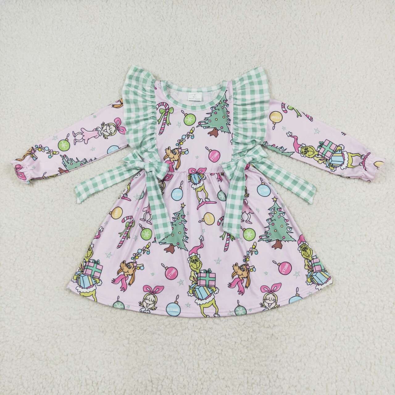 GLD0519 Green Frog Print Girls Knee Length Christmas Dress