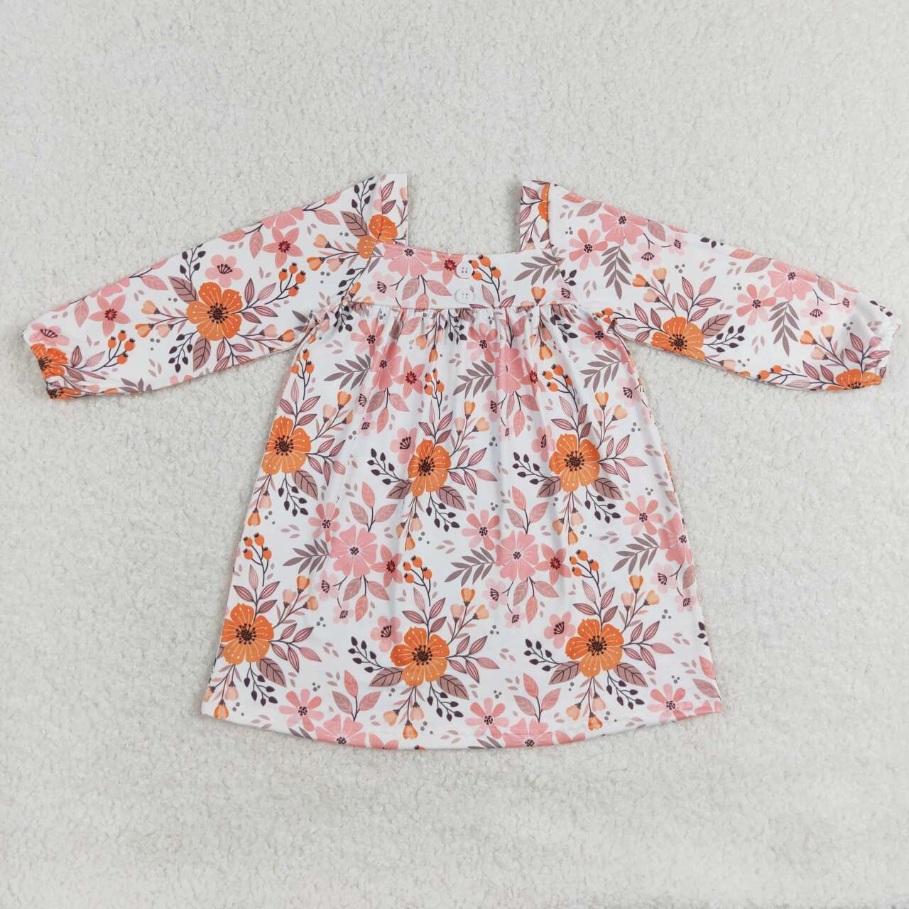 GLD0535 Orange Pink Flowers Print Girls Knee Length Fall Dress