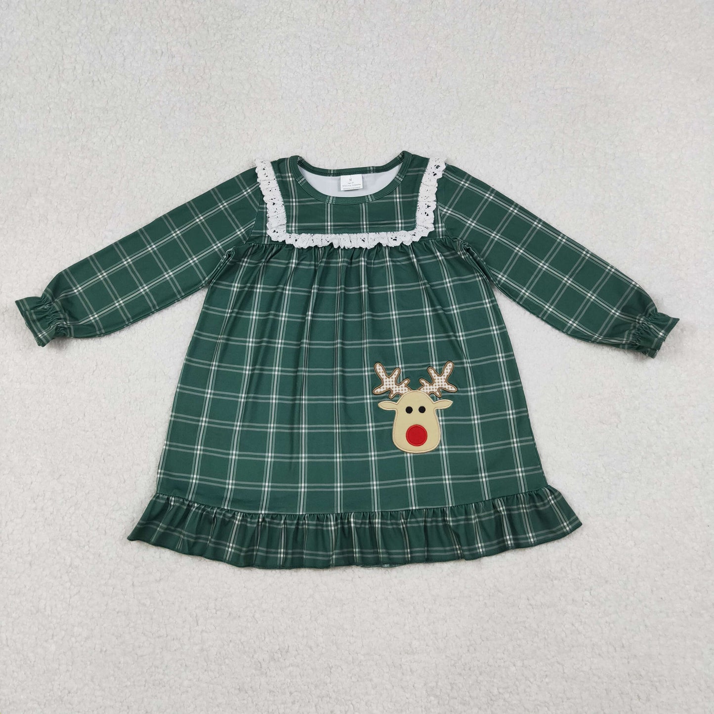 GLD0561 Deer Embroidery Green Plaid Print Girls Knee Length Christmas Dress