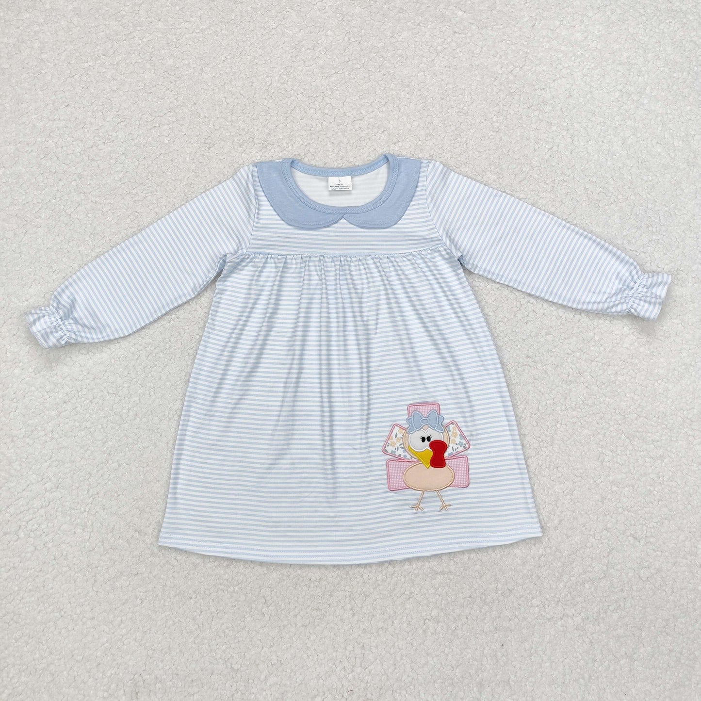 GLD0603 Turkey Embroidery Stripes Print Girls Knee Length Thanksgiving Dress