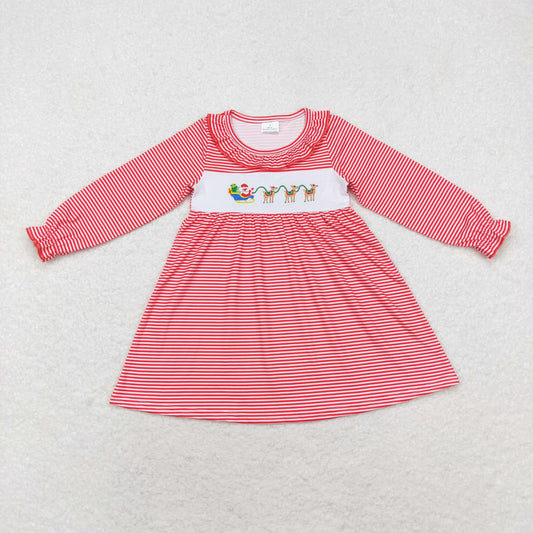 GLD0632 Santa Deer Embroidery Red Stripes Print Girls Knee Length Christmas Dress
