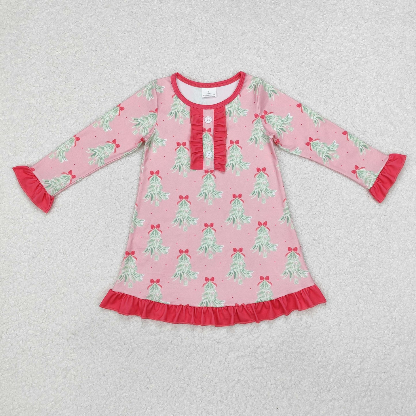 GLD0636 Christmas Tree Pink Print Girls Knee Length Dress