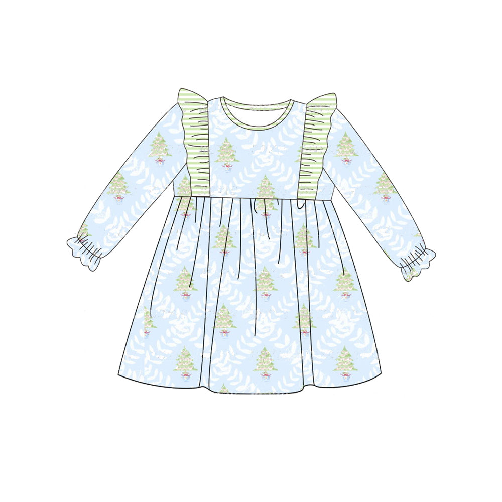 (Pre-order)GLD0640 Christmas Tree Print Girls Knee Length Dress