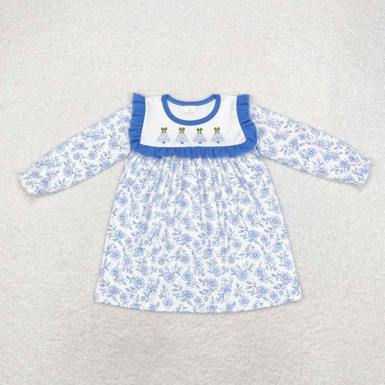 GLD0673 Blue Flowers Tree Print Girls Knee Length Christmas Dress