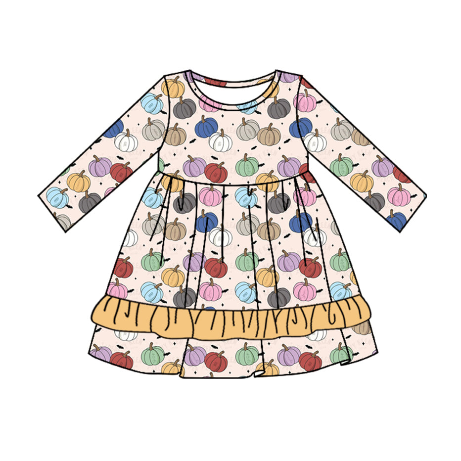 (Pre-order)GLD0708 Colorful Pumpkin Print Girls Knee Length Fall Dress