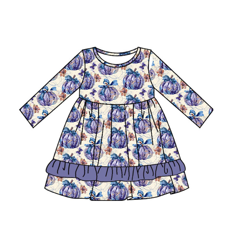 (Pre-order)GLD0728 Purple Pumpkin Bows Print Girls Knee Length Fall Dress
