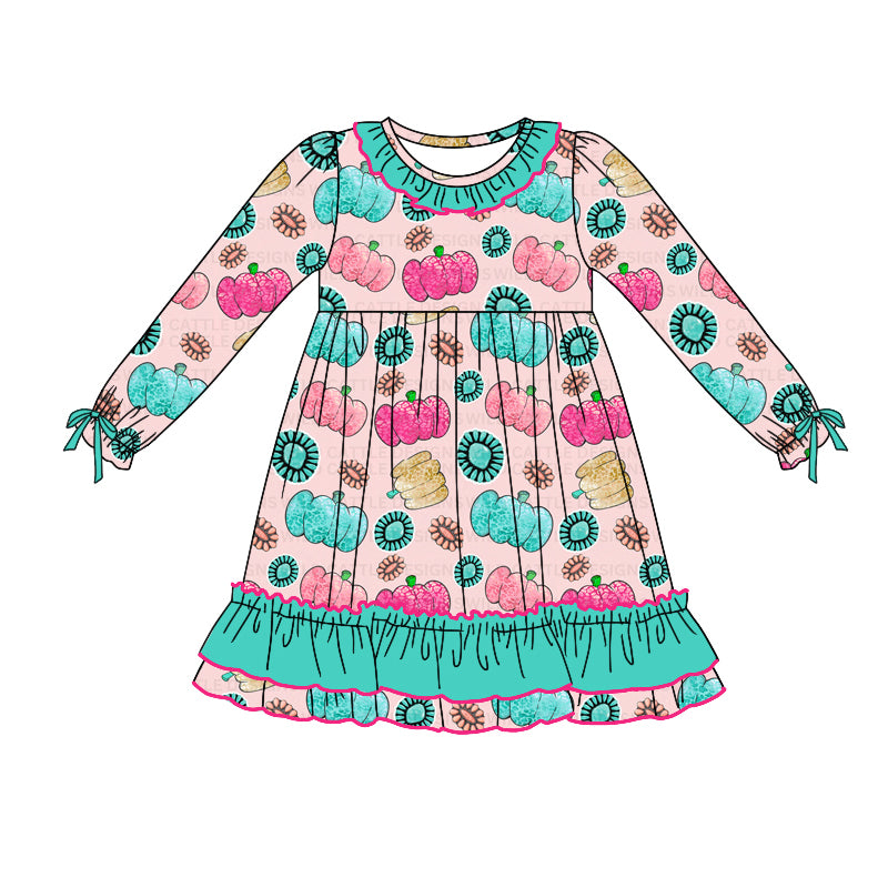 (Pre-order)GLD0746 Pumpkin Turquoise Print Girls Knee Length Fall Dress