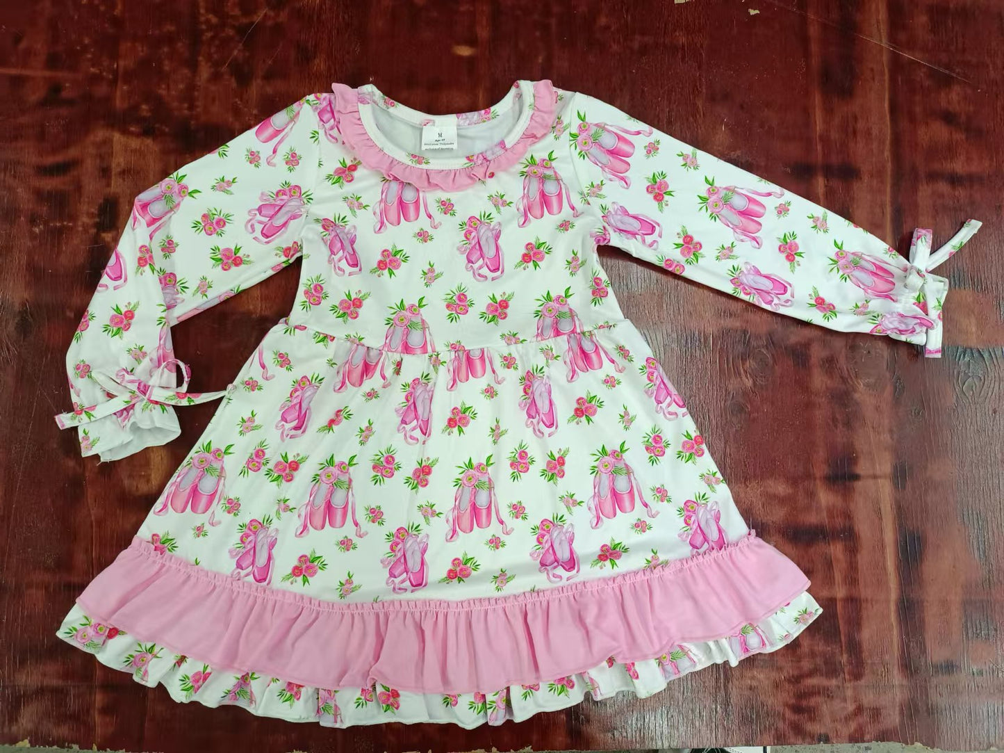 (Custom Design Preorder MOQ 3) Dancing Shoes Flowers Print Girls Knee Length Fall Dress