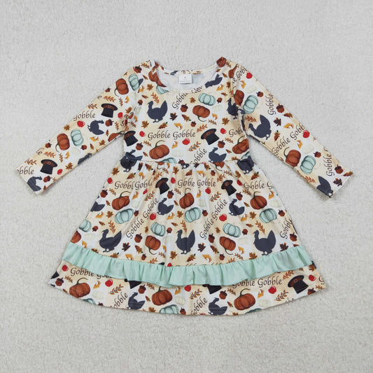 GLD0789 Gobble Turkey Pumpkin Print Girls Knee Length Thanksgiving Dress