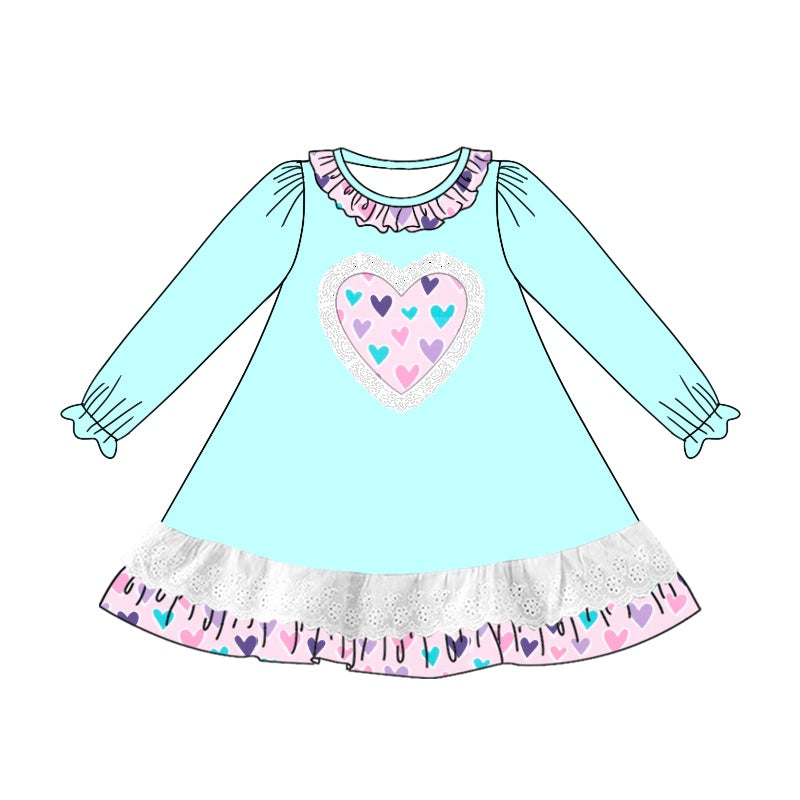 (Pre-order)GLD0886 Heart Blue Print Girls Valentine's Day Knee Length Dress