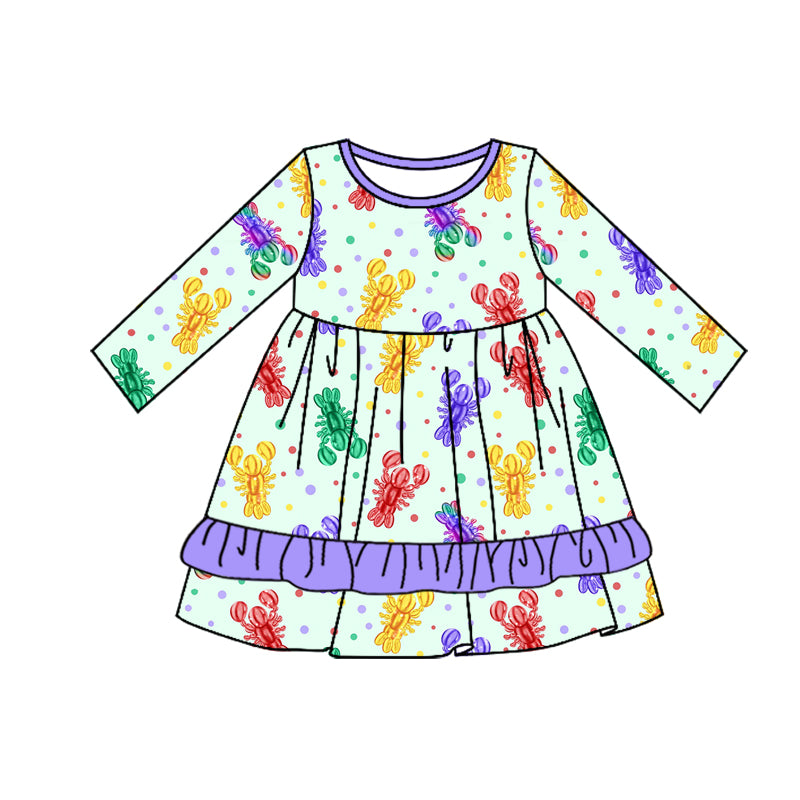 (Pre-order)GLD0951 Colorful Crayfish Print Girls Mardi Gras Knee Length Dress
