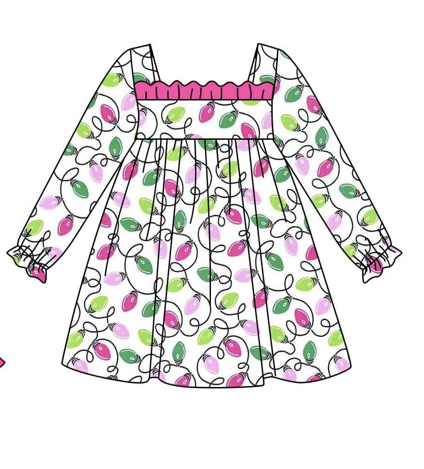 (Pre-order)GLD0963 Colorful Lights Print Girls Christmas Knee Length Dress