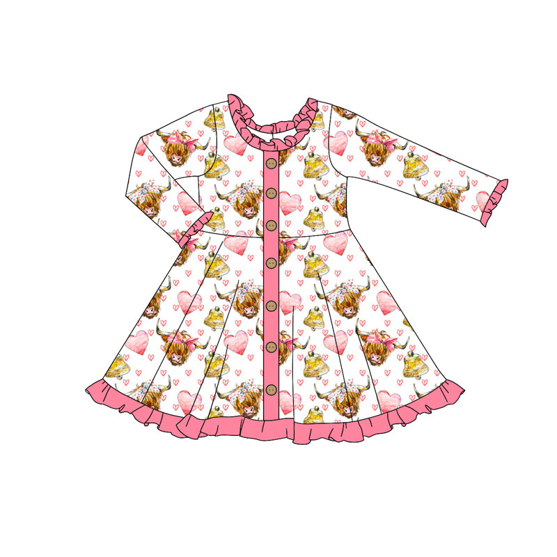 (Pre-order)GLD0964 Highland Cow Heart Print Girls Valentine's Day Knee Length Dress