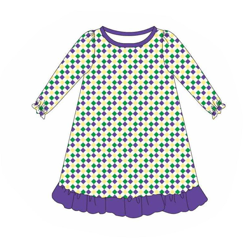(Pre-order)GLD0977 Purple Yellow Green Plaid Print Girls Mardi Gras Knee Length Dress
