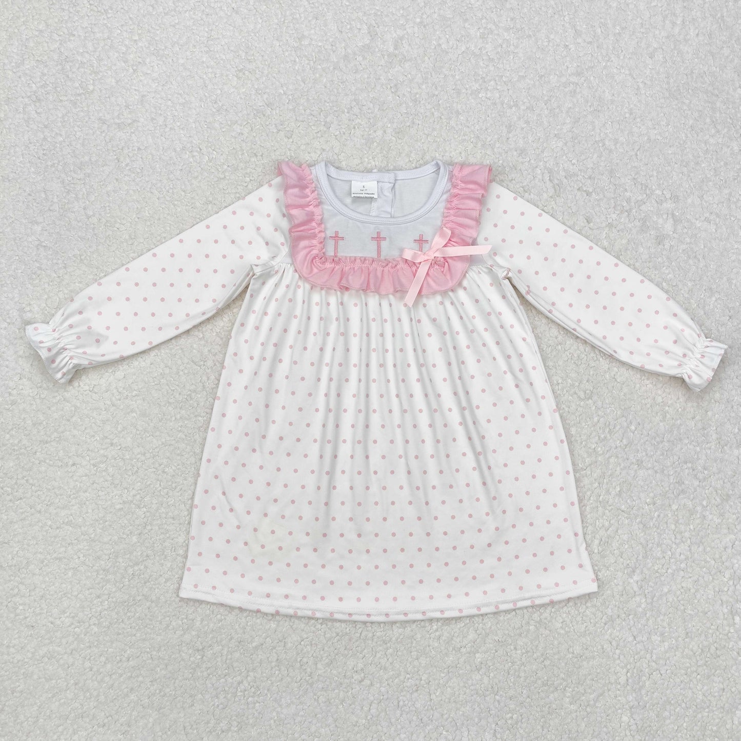 GLD0981 Cross Embroidery Pink Dots Print Girls Easter Knee Length Dress
