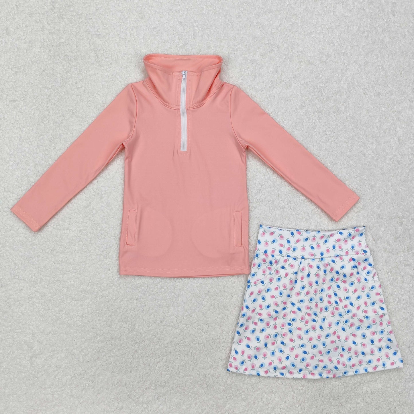 GLD0984 Pink Zipper Top Flowers Skirts Shorts Girls Yoga Clothes Set
