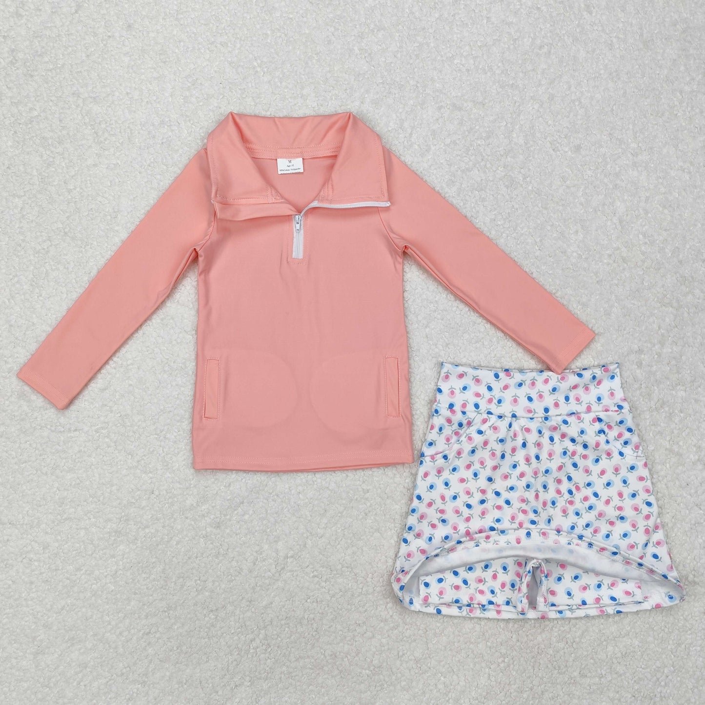 GLD0984 Pink Zipper Top Flowers Skirts Shorts Girls Yoga Clothes Set