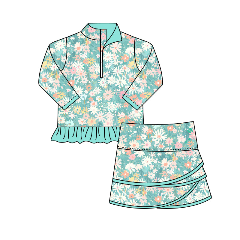 (Pre-order)GLD1006 Blue Flowers Long Sleeve Zip Top Skirts Girls Clothes Set