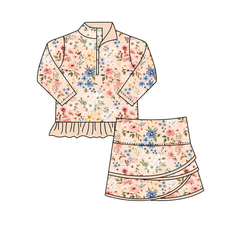 (Pre-order)GLD1007 Pink Flowers Long Sleeve Zip Top Skirts Girls Clothes Set