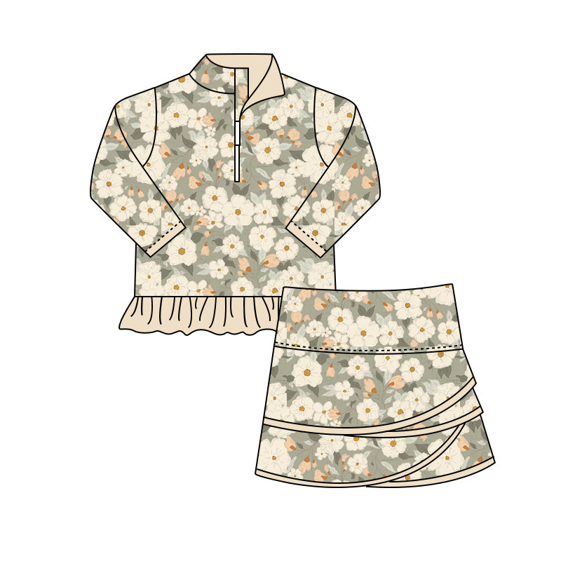 (Pre-order)GLD1008 Grey Flowers Long Sleeve Zip Top Skirts Girls Clothes Set