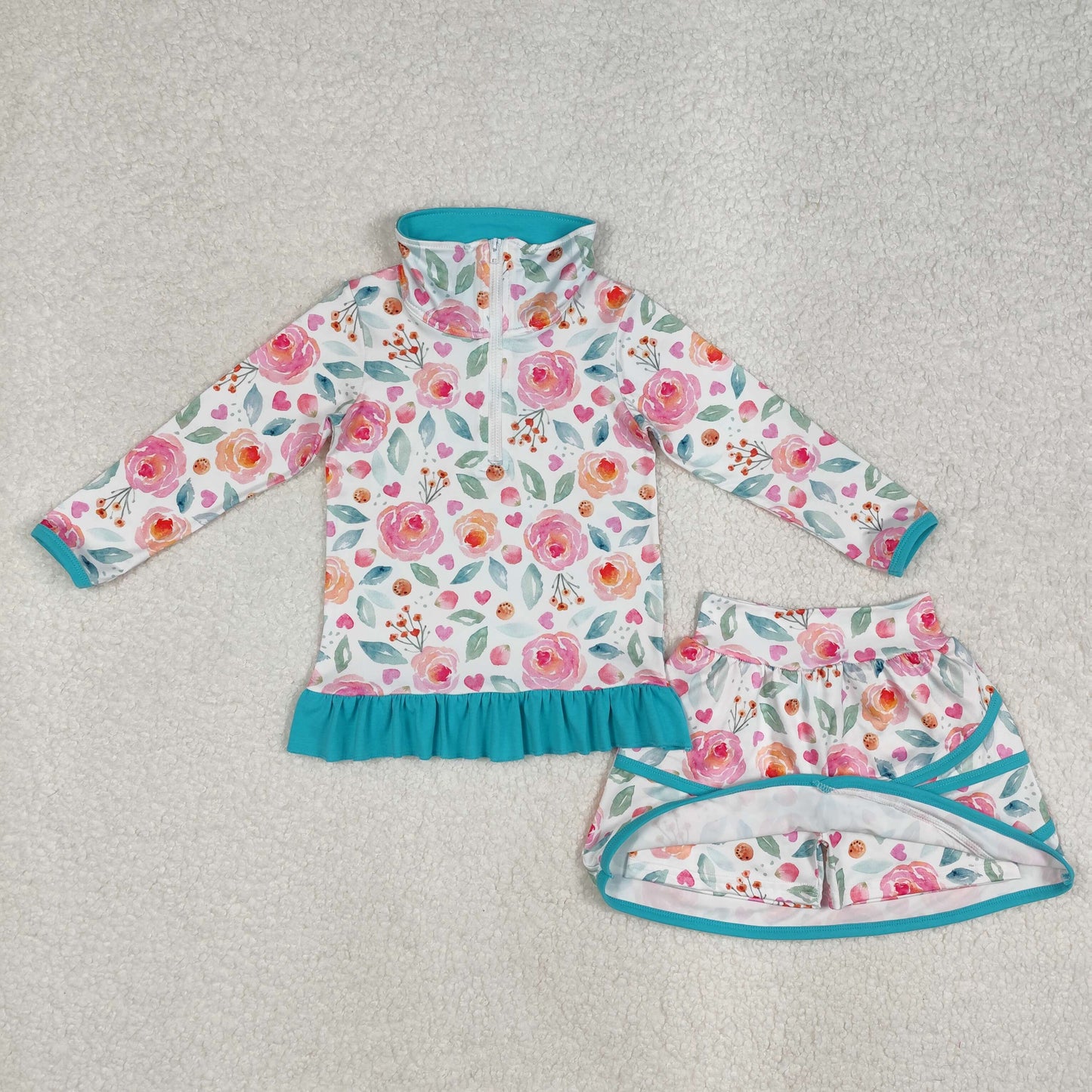 Flowers Long Sleeve Zip Top Skirts Shorts Girls Clothes Set Sisters Wear
