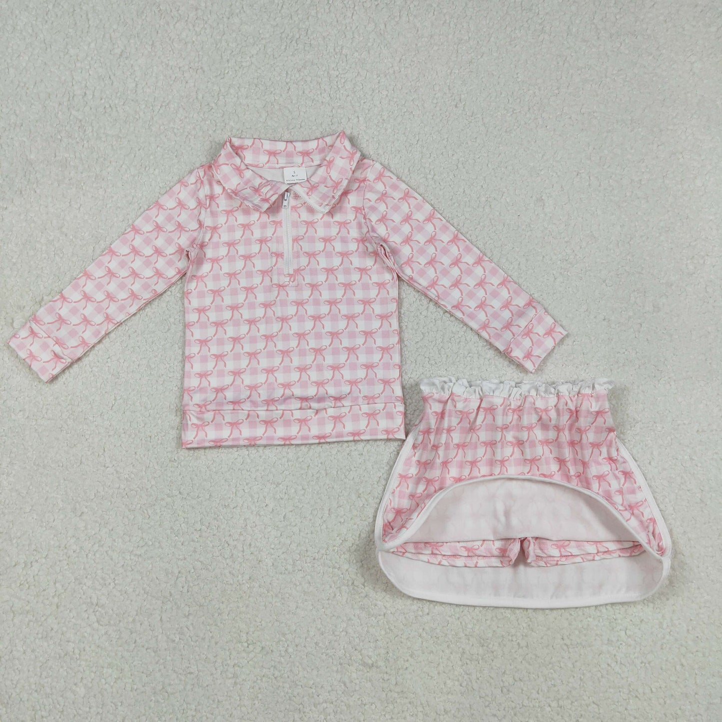 GLD1014 Pink Bows Plaid Long Sleeve Zipper Top Skirts Shorts Girls Clothes Set
