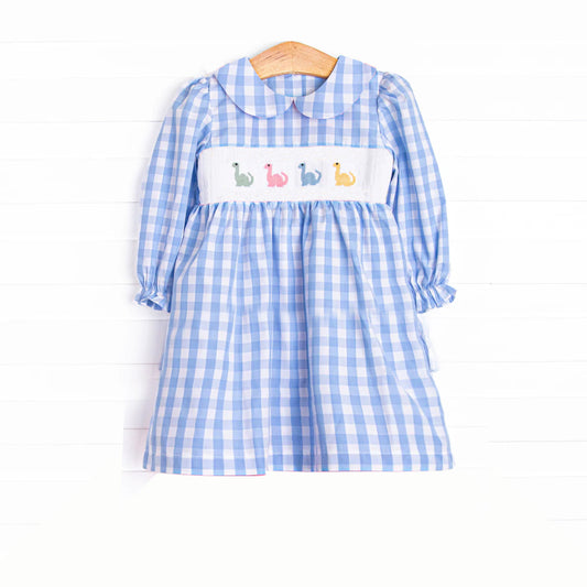 (Pre-order)GLD1021  Dino Blue Plaid Print Girls Long Sleeve Knee Length Smocked Dress