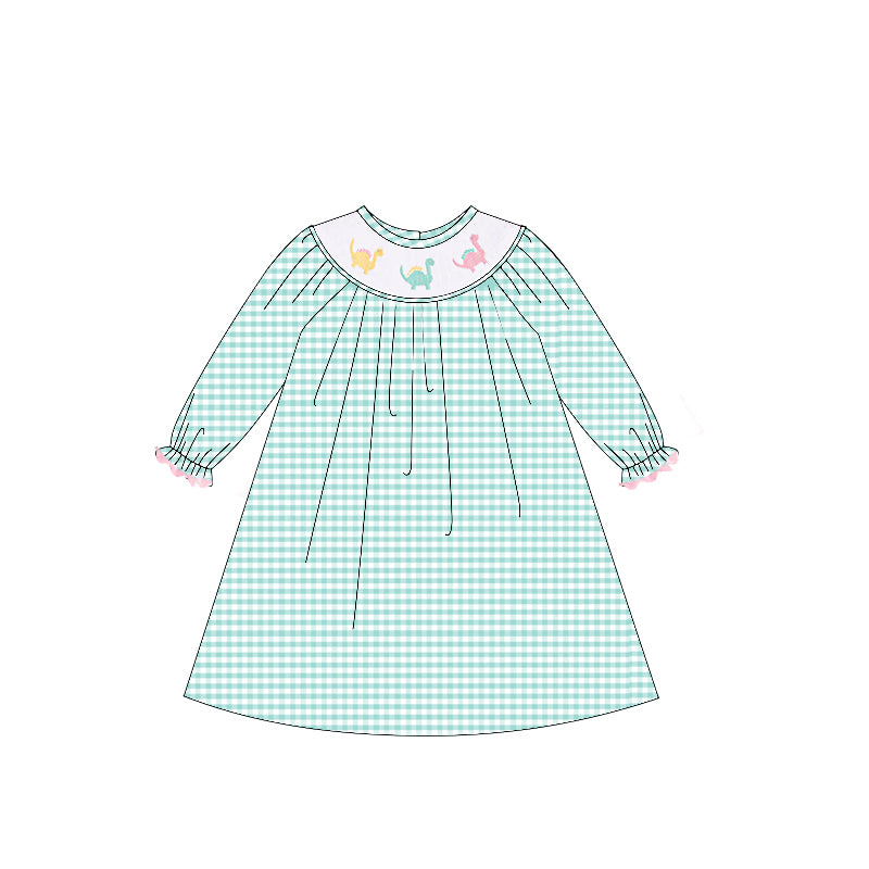 (Pre-order)GLD1022 Dino Green Plaid Print Girls Long Sleeve Knee Length Smocked Dress
