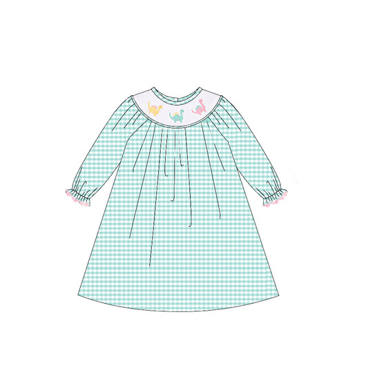 (Pre-order)GLD1022  Dino Green Plaid Print Girls Long Sleeve Knee Length Smocked Dress