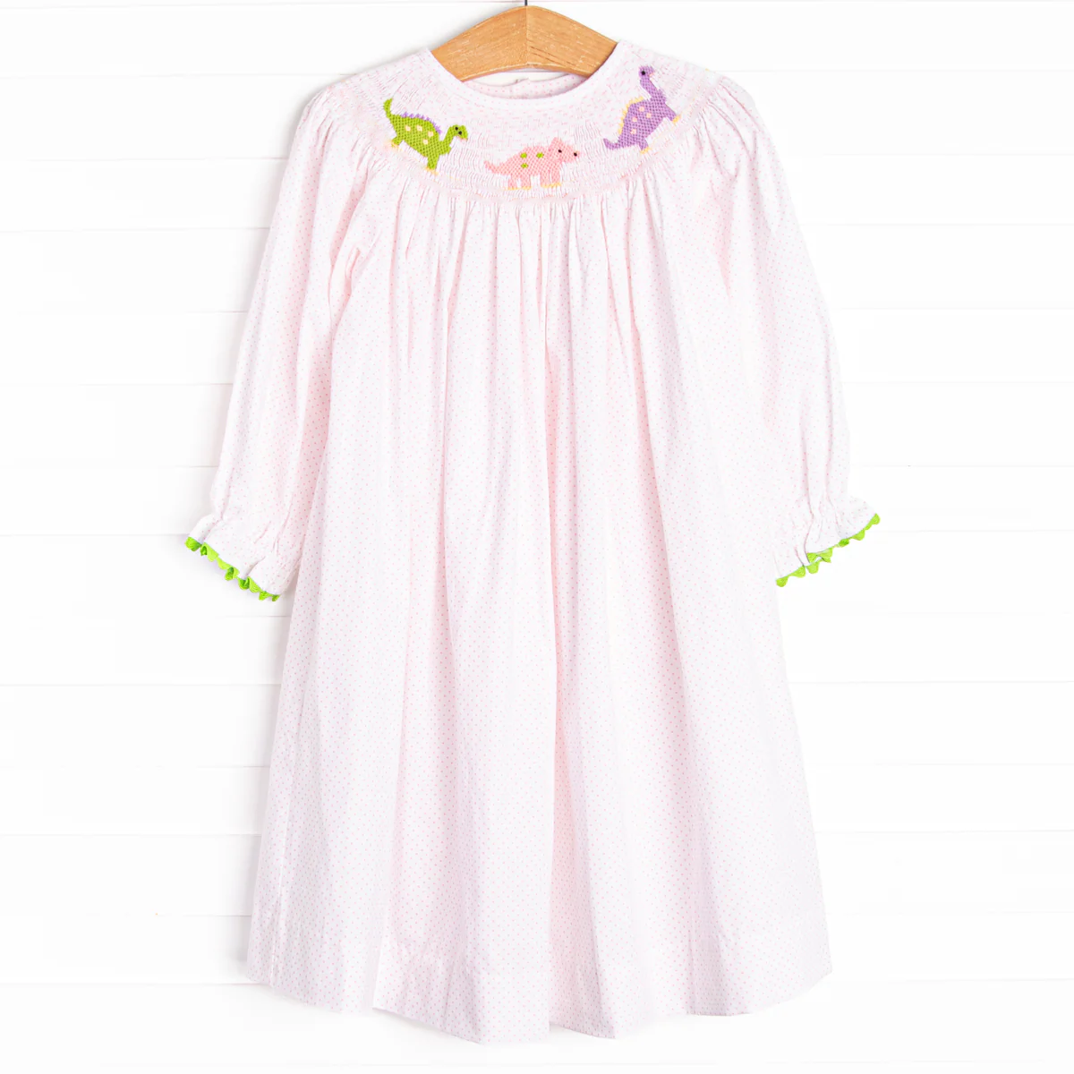 (Pre-order)GLD1023 Dino Pink Dots Print Girls Long Sleeve Knee Length Smocked Dress