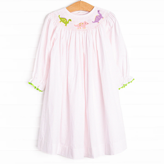 (Pre-order)GLD1023  Dino Pink Dots Print Girls Long Sleeve Knee Length Smocked Dress