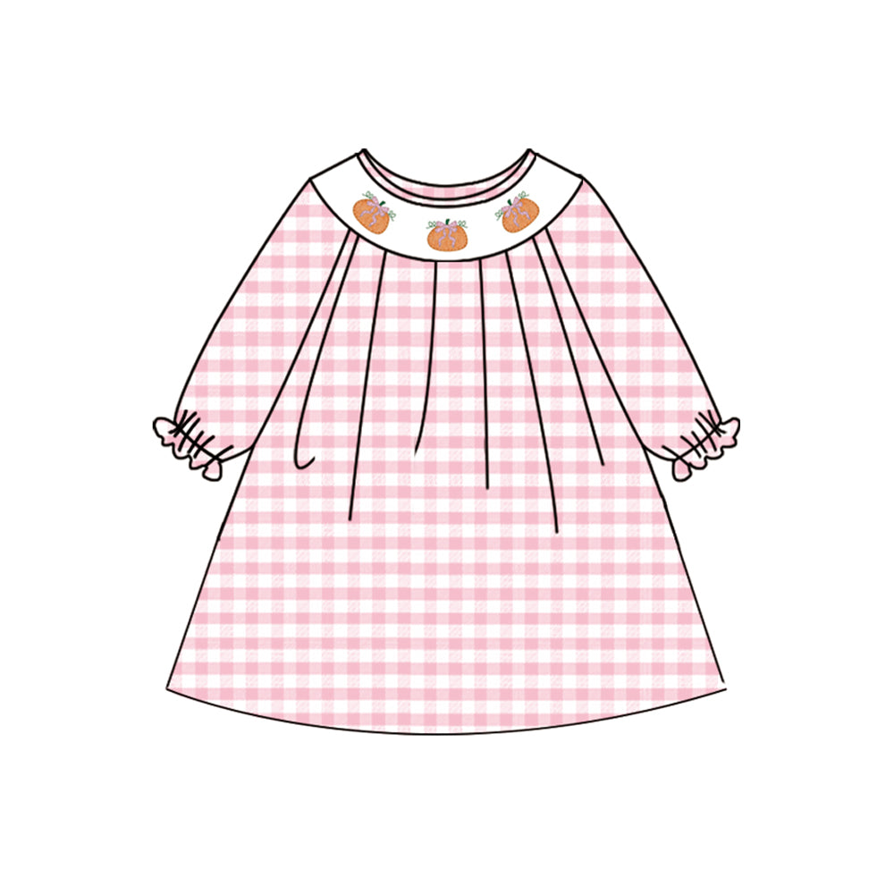 (Pre-order)GLD1024 Pumpkin Pink Plaid Print Girls Fall Knee Length Smocked Dress