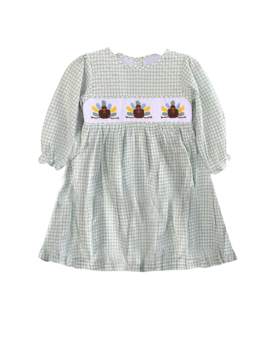 (Pre-order)GLD1025  Turkey Green Plaid Print Girls Thanksgiving Knee Length Smocked Dress