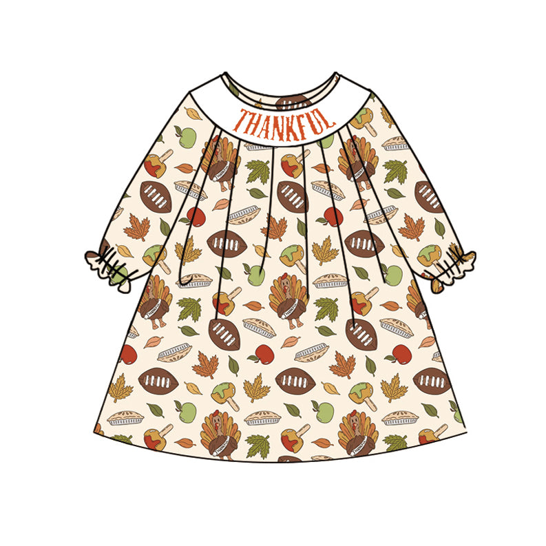 (Pre-order)GLD1026 Turkey Leaf Pie Print Girls Thanksgiving Knee Length Smocked Dress