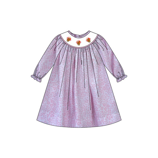 (Pre-order)GLD1027  Turkey Pink Leopard Print Girls Thanksgiving Knee Length Smocked Dress
