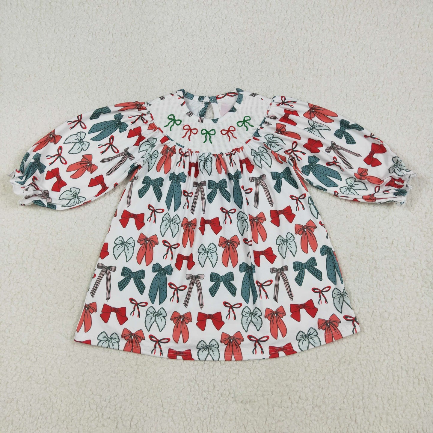 GLD1028 Red Green Bows Embroidery Girls Christmas Knee Length Smocked Dress