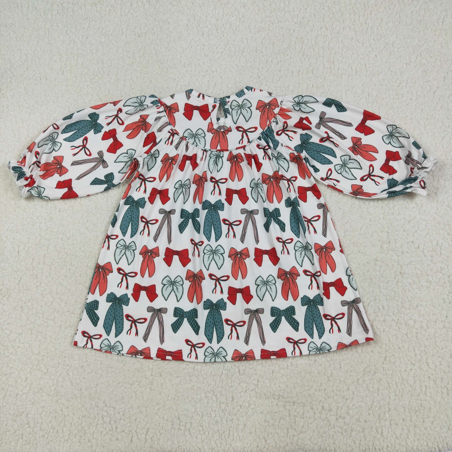 GLD1028 Red Green Bows Embroidery Girls Christmas Knee Length Smocked Dress