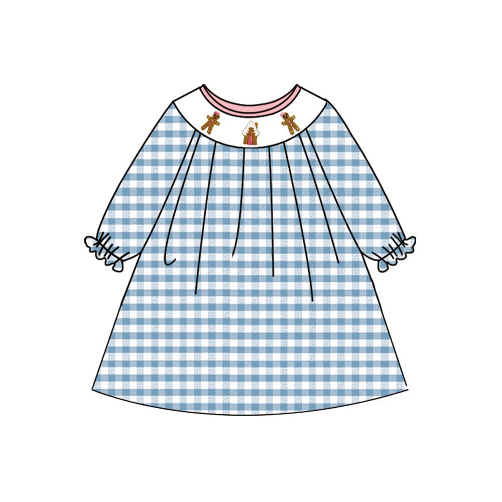 (Pre-order)GLD1029 Gingerbread Blue Plaid Print Girls Christmas Knee Length Smocked Dress