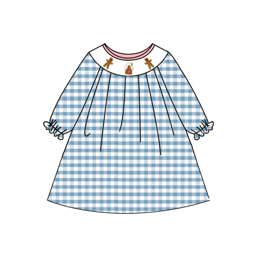 (Pre-order)GLD1029  Gingerbread Blue Plaid Print Girls Christmas Knee Length Smocked Dress
