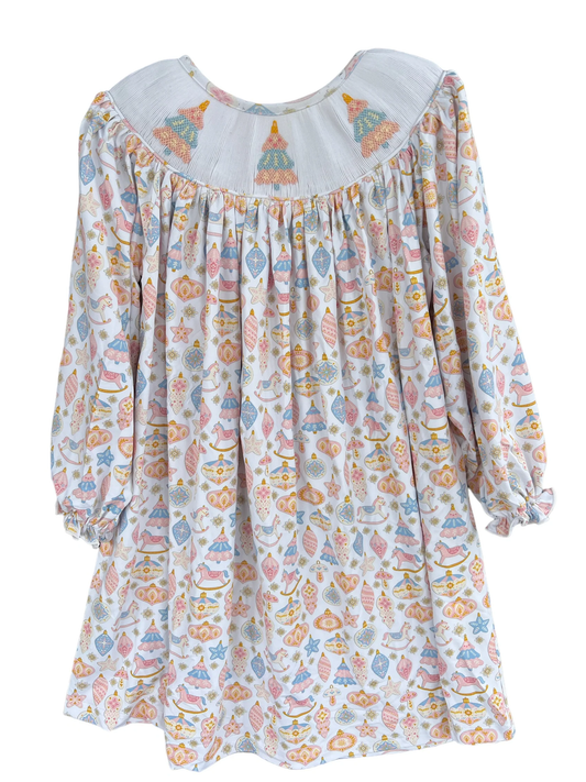 (Pre-order)GLD1030  Lights Print Girls Christmas Knee Length Smocked Dress