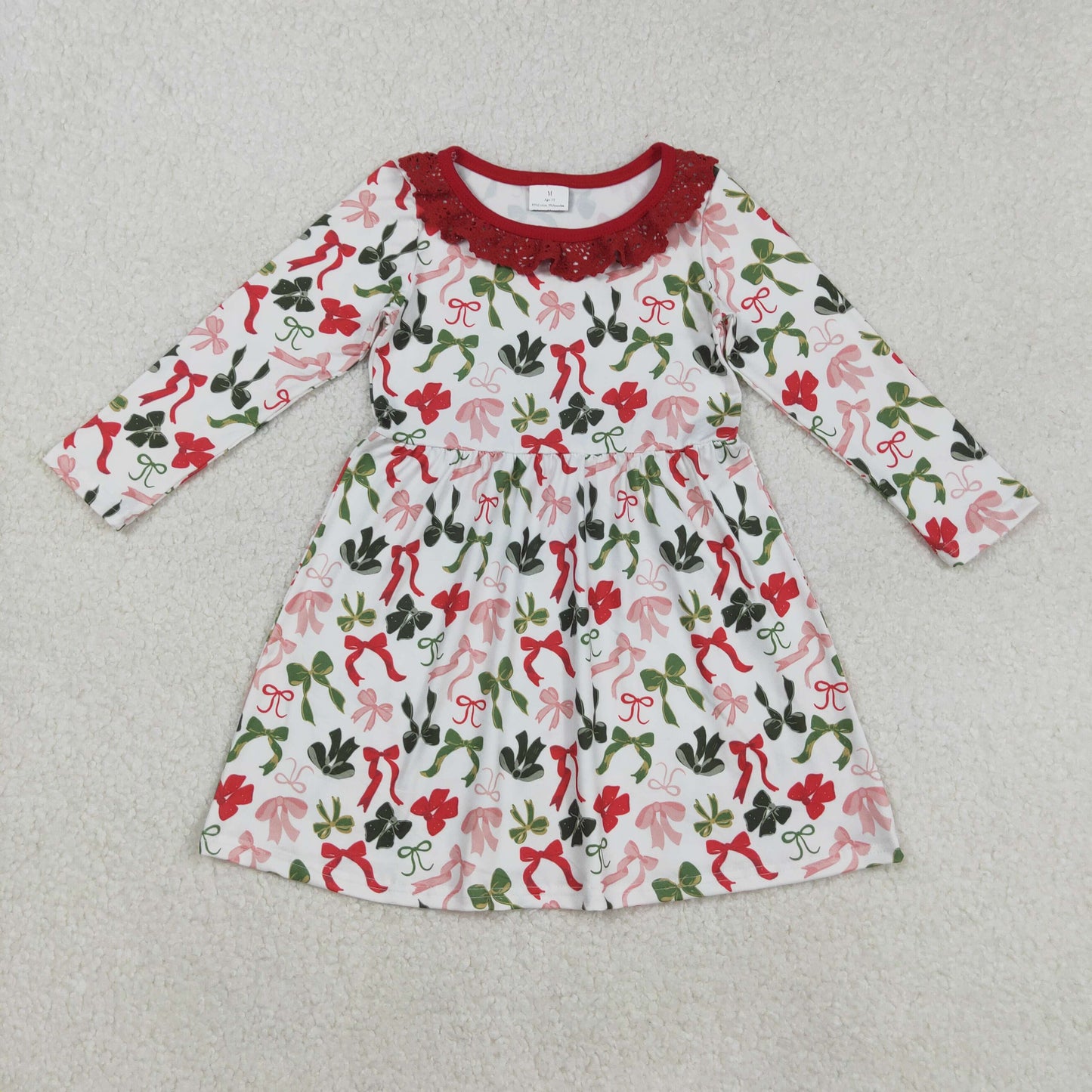GLD1036  Red Green Bows Print Girls Christmas Knee Length Dress