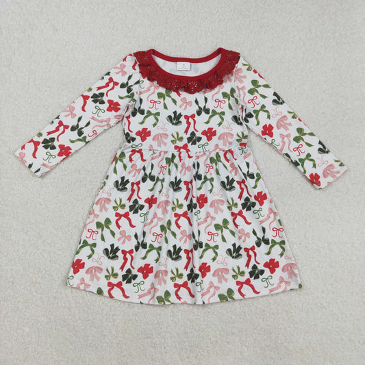 GLD1036  Red Green Bows Print Girls Christmas Knee Length Dress
