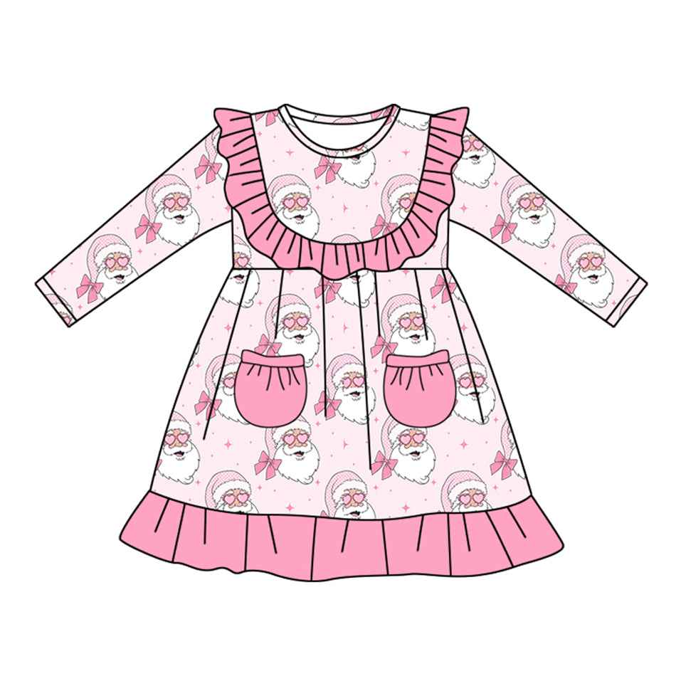 (Pre-order)GLD1037 Santa Bows Pink Print Pockets Girls Christmas Knee Length Dress