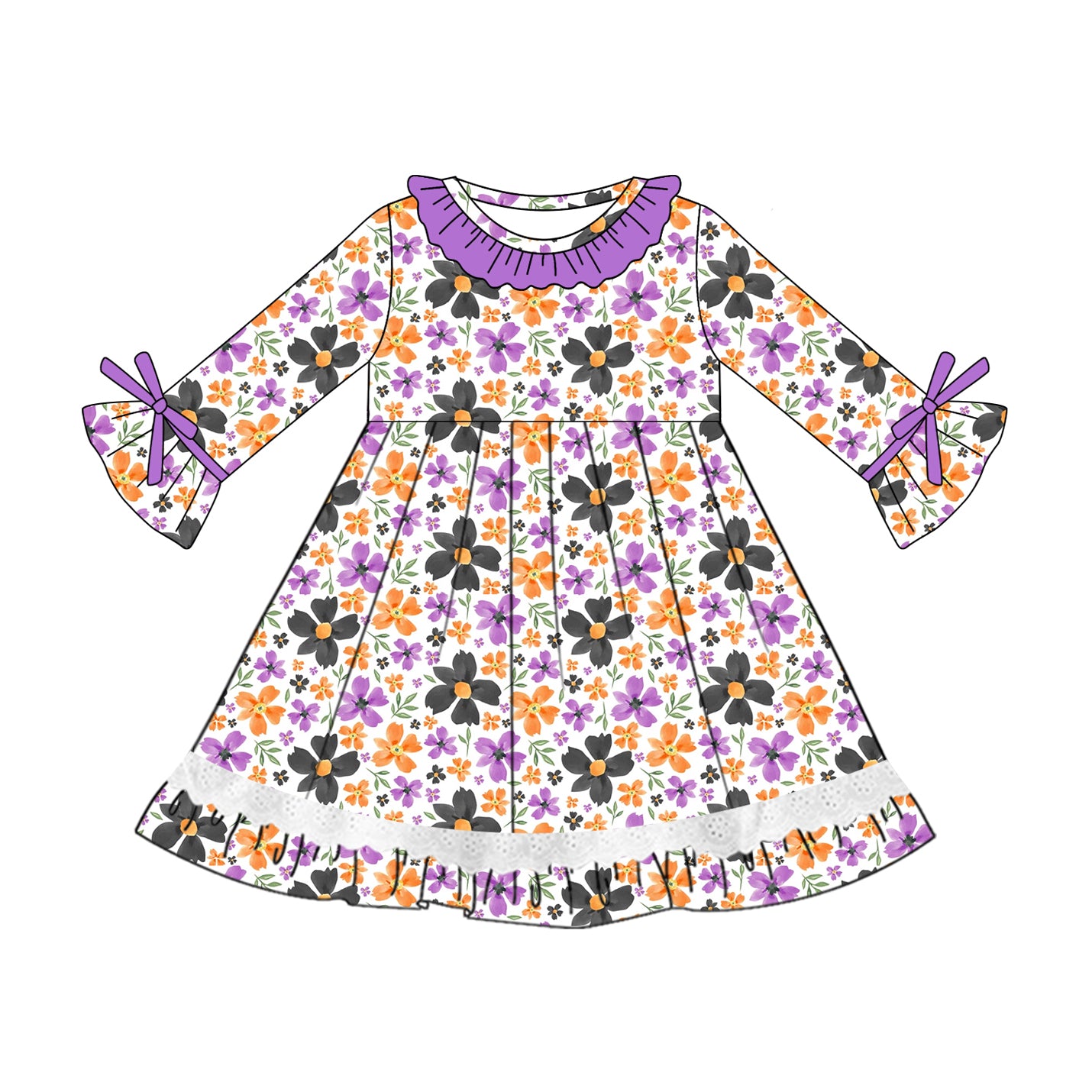 (Pre-order)GLD1039 Colorful Flowers Print Girls Fall Knee Length Dress